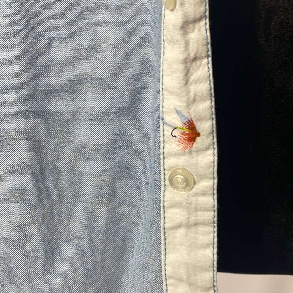 Small, Light Blue Dravus button up shirt with center & sleeve flower accents - Picture 6 of 8